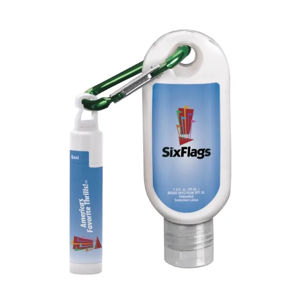 1.9 oz SPF 30 Sunscreen with Carabiner and SPF 15 Lip Balm in White Tube with Hook Cap view 2