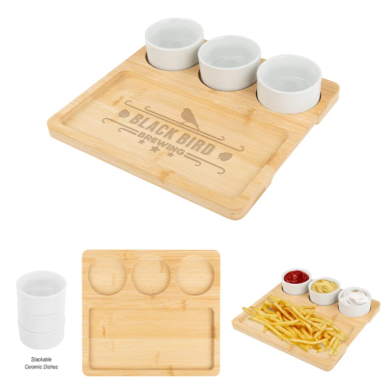 Bamboo Serving Tray With Ceramic Bowls view 2