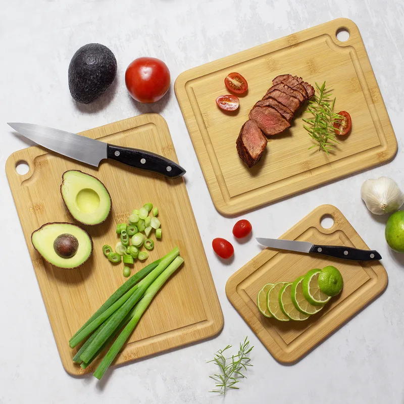 3Pc Bamboo Cutting & Serving Board Set with hanging holes view 3