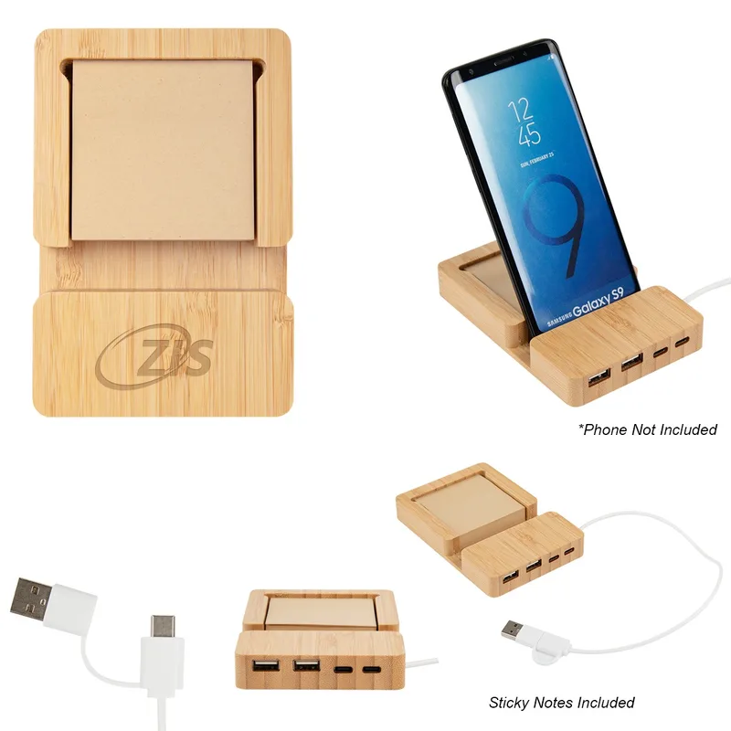 Bamboo Multi-port Hub With Phone Holder & Sticky Notes view 2