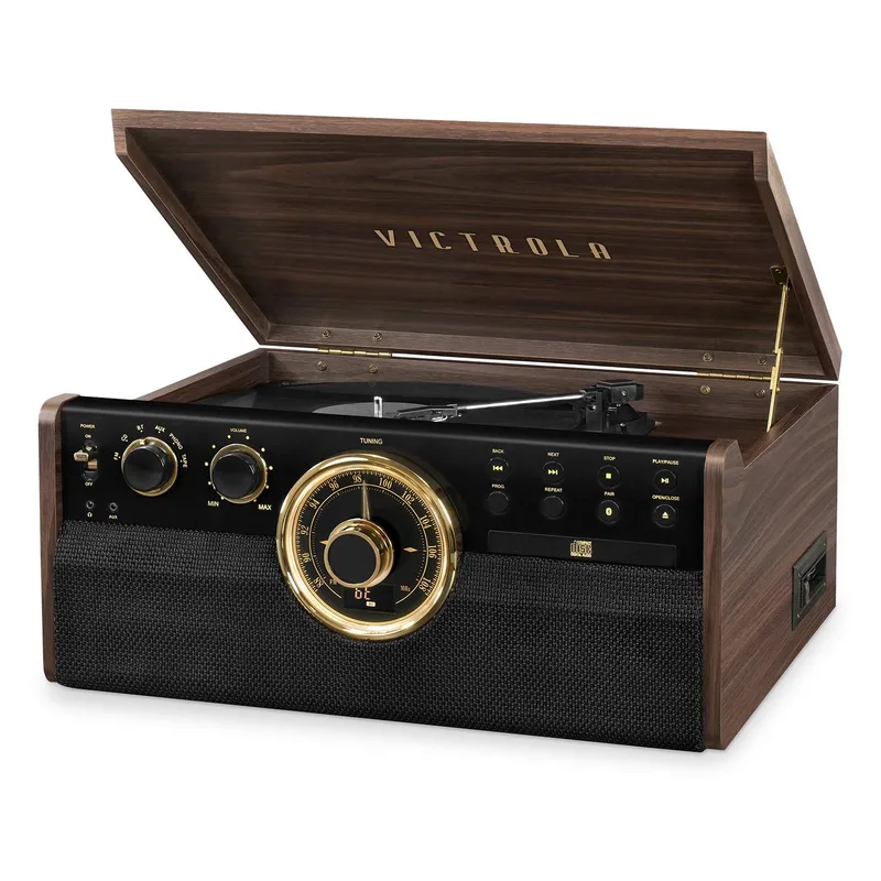 Victrola 6-In-1 Wood Mid Century Record Player w/3-Speed Turntable, Cd, Cassette Player-Espresso
