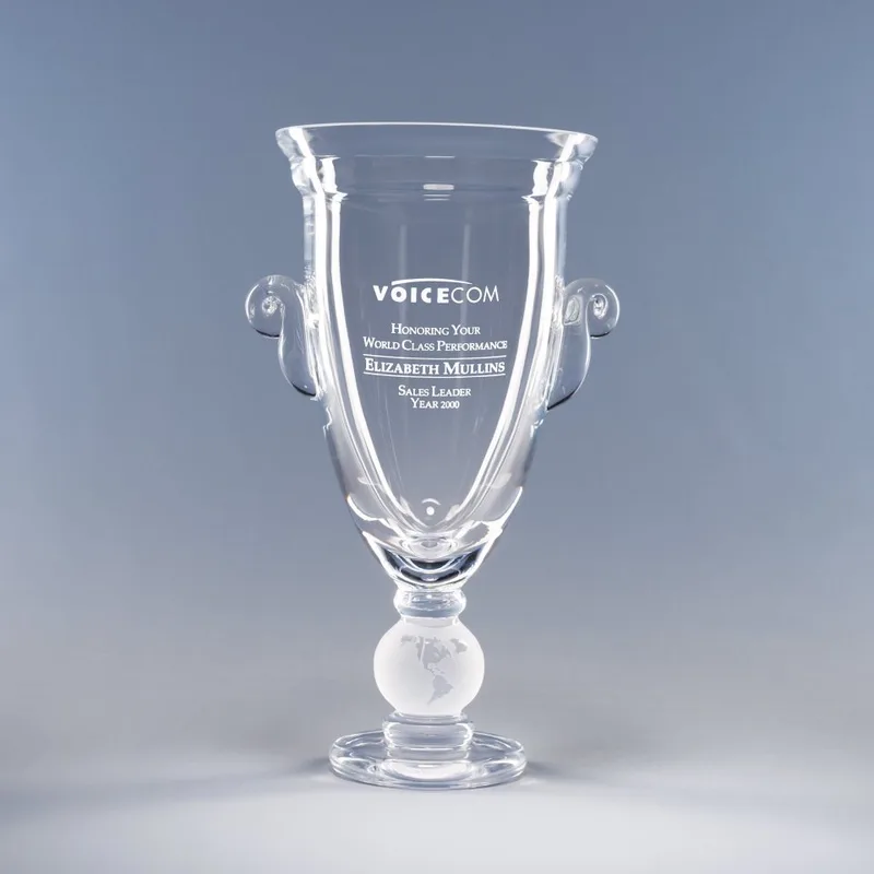 11" World Class Crystal Cup Trophy Award w/Etched Globe Stem