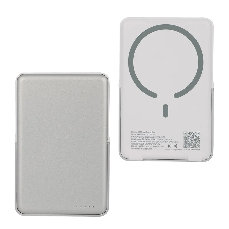 Slimline 5000mAh 20W PD Aluminum Power Bank with 15W Magnetic Wireless Char view 2