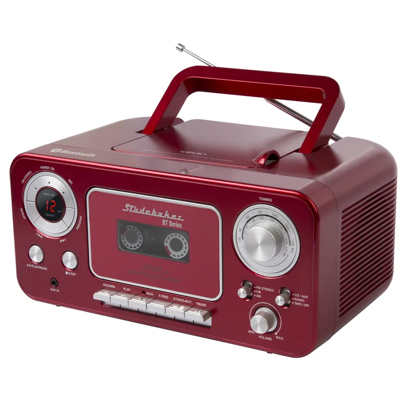 Studebaker Red/Silver Portable Bluetooth Stereo Cd Player, Am/Fm Radio And Cassette Player/Recorder
