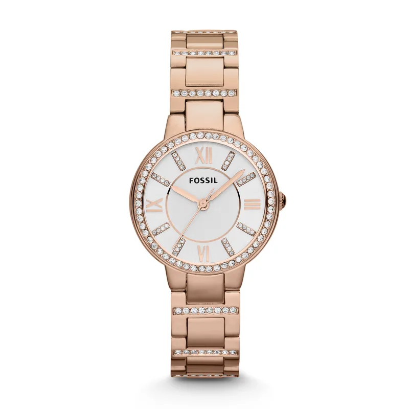 Fossil Ladies Virginia Crystal Rose Gold Watch Silver Dial