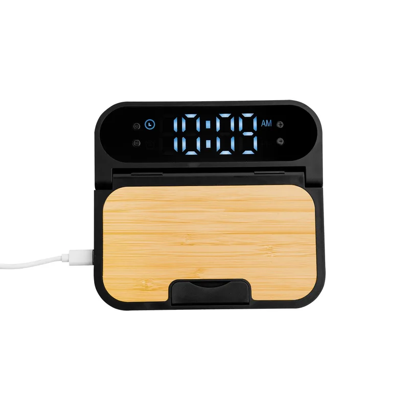 15w Bamboo Folding Charger With Digital Clock view 3