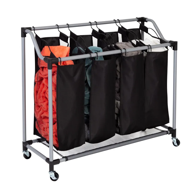 Honey-Can-Do Rolling Deluxe 4-Compartment Laundry Sorter Black/Silver