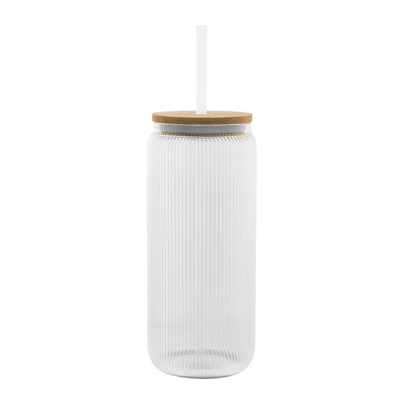 20 Oz. Ribbed Borosilicate Glass Can With Bamboo Lid view 3