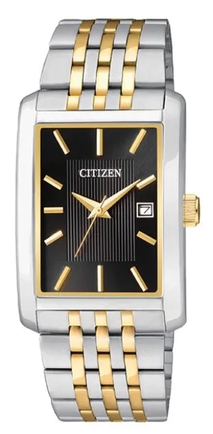 Citizen® Men's Quartz Two-Tone Stainless Steel Watch w/Rectangular Black Dial & Date
